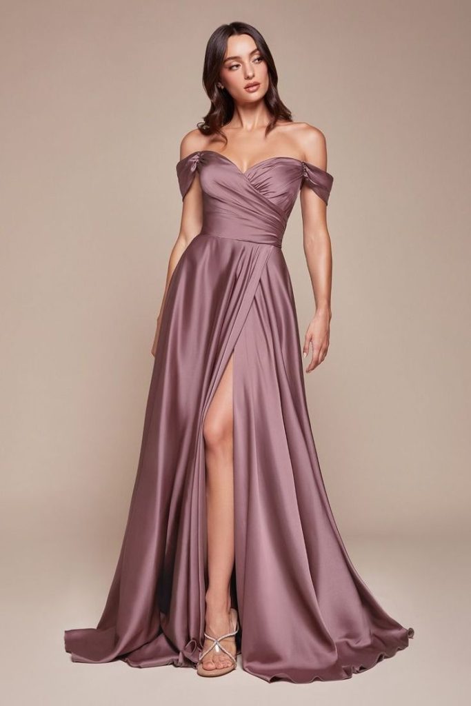 Bridesmaid off-shoulder dress.